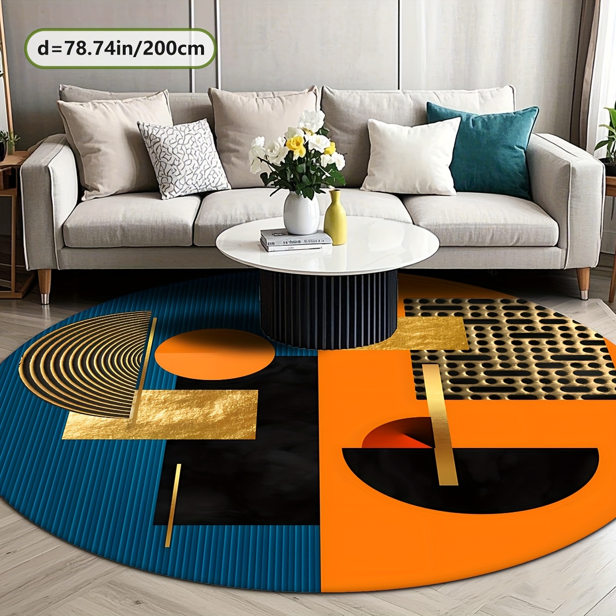 오렌지 블루 골드 추상 기하학적 럭셔리 원형 러그 플란 - Interior Design Gold 리뷰 및 가격